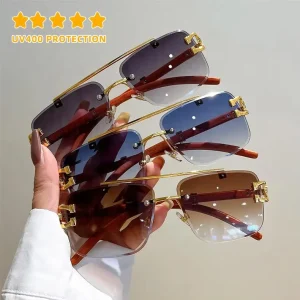 Summer New Style Men Women Luxury Designer Diamond Cut Rimless square Gradient Lens Glasses Sunglasses with Wood Grain Legs