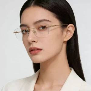 T1674 Square Metal Rimless Eyeglass Frames with Anti-Blue Light Lenses