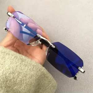 TR90 Anti-Reflective Blue-Light Frameless Photochromic Glasses Outdoor Indoor Polygon Small Rectangle Rhinestone Photogray