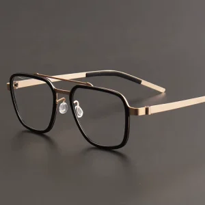 Titanium Double-Bridge Optical Eyeglass Frames for Men, Golden 9743