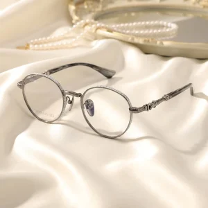 Titanium Retro Round Eyewear Frames with Carved Patterns and Myopia Lenses for Women