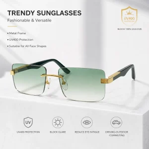 Top Fashion Rimless Square Sunglasses Luxury Gradient Lens UV400 Metal Frame Driving Outdoor Eyewear Men Sunglasses