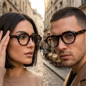 Tortoise Shell Acetate Geometric Round Optical Eyeglass Frames with Diamond Rivets