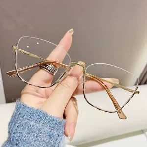Trendy Semi Rimless Polygon Eyeglasses Lightweight Gold Metal Frames for Women Fashion Cat Eye Optical Frames