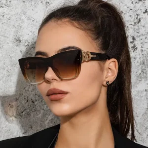 UNOC Trendy Cat Eye Oversized Sunglasses for Ladies Simple Gray Frame with Fashionable Metal Parts Sunglass Accessories