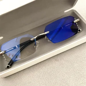 UV400 TR90 Rimless Small Rectangle Polygon Photochromic Glasses Anti-Blue-Light Rhinestone Women