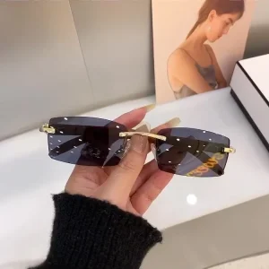 UV400 Wood Grain Temple Square Rimless Sunglasses