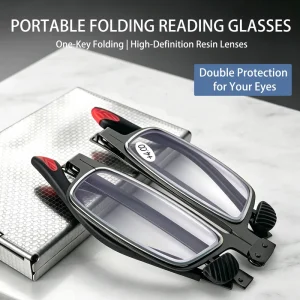 Ultra-Light Rectangle Pocket Folding Reading Glasses with Blue Lens Screw-Free Anti-Blue Light HD Presbyopic Glasses for Seniors