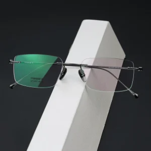 Unframed Ultra-Light Pure Titanium Glasses Frame, Unisex, Gold Square Vintage Style, Myopia