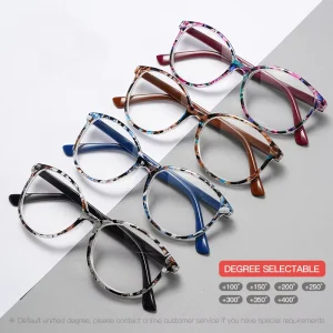 Unisex Round-Frame Reading Glasses Transparent Lenses Lightweight Flower Pattern