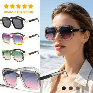 Unisex Vintage Retro Double-Bridge Big Square UV400 Pilot Sunglasses for Men and Women