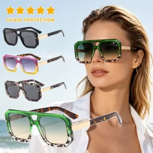 Unisex Vintage Retro Oversized Double-Bridge Green Square-Frame Sunglasses