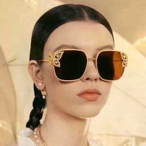 Vintage Oversized Rhinestone Butterfly Metal Frame Square Sunglasses for Women