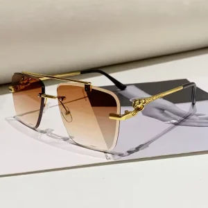 Vintage Rimless Metal Sunglasses UV400 Brown Sunglasses for Men and Women