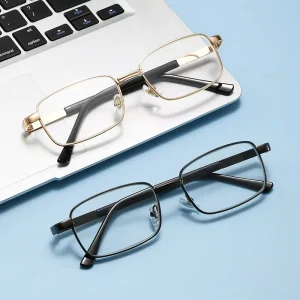 Vintage Square Metal-Frame Blue Light Blocking Reading Glasses with Clear Lenses