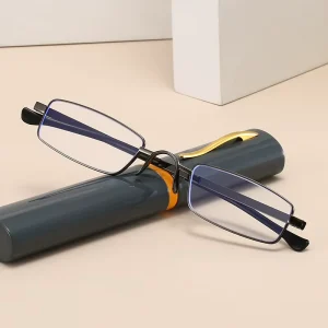 W001 Unisex Slim Metal Square Eyeglasses with Case 1.0-4.0 Reading Glasses Gold Gray Frames Presbyopia Corrective