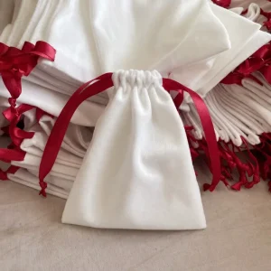 White Velvet Drawstring Jewelry Pouch with Burgundy Ribbon, Custom Logo