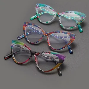 Women’s Cat Eye Stripe Oval Optical Frames Anti-Blue Light Colorful Prescription Glasses
