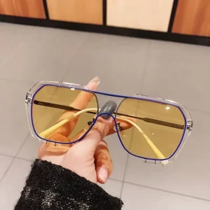 Women’s One-Piece Hollow-Lens Oversized Square Sunglasses with Yellow Lenses
