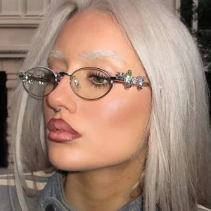 Women’s Oval Optical Eyeglass Frames Rhinestone Crystal Temples Metal Clear-Lens Anti-Blue-Light Glasses