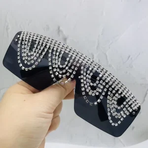 Women’s Oversized Statement Sunglasses Frameless Rhinestone Tassel Chain Decoration Party Eyewear