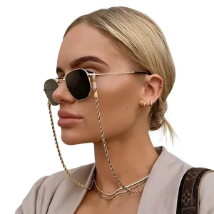 Women’s Small Frame Oval Sunglasses UV400 with Beaded Eyeglass Chain