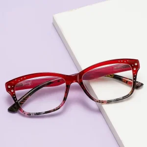 Women’s Square Reading Glasses Red Frames Transparent Lenses Spring Hinge
