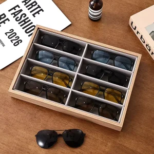 Wooden Eyewear Storage Box with Lid, Sunglasses and Glasses Display Tray