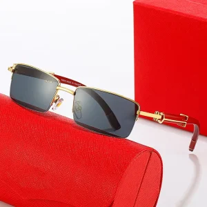 Wooden Temple Square Half-Rim UV400 Sunglasses for Men and Women