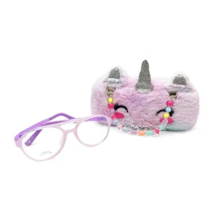XD-315 Kids Unicorn Eyeglass Case, Fluffy Purple Glitter Hard Case with Custom Design