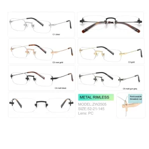 ZW2505 Metal Frameless Prescription Eyeglass Frame with Removable Threaded Rods, Gold or Silver