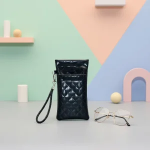 Zippered Double-Layer Soft PU Leather Glasses Case with Strap Waterproof Eyewear Storage Pouch